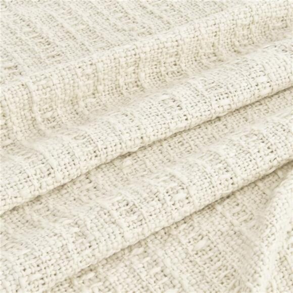 Chunky Cream Knit Throw Blanket with Textured Basket Weave Pattern and Fringe - Picture 5 of 8